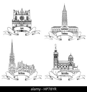 Célèbre français. hand drawn ville française label set. L'architecture romaine. travel france cote collection. Bordeaux, Toulouse, Lyon Illustration de Vecteur