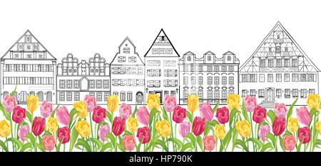 Vue sur la rue d'amsterdam. les bâtiments et fleurs tulipes. transport Pays-Bas contexte ville florale. Illustration de Vecteur