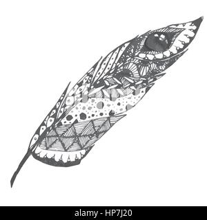 Hand drawn doodle zentangle plume isolée de l'arrière-plan. Illustration noir et blanc avec différents ornements. Illustration de Vecteur