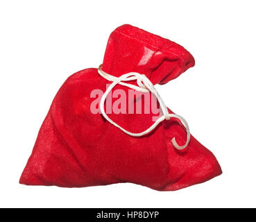 Sac rouge avec présente isolé sur fond blanc. Rouge Santa sack. Banque D'Images