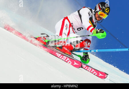 Saint-Moritz, Suisse. Feb 19, 2017. Marcel Hirscher à partir de l'Autriche en action lors de la 2e course de la Men's slalom au Championnat du Monde de Ski Alpin à Saint-Moritz, Suisse, 19 février 2017. Photo : Michael Kappeler/dpa/Alamy Live News Banque D'Images