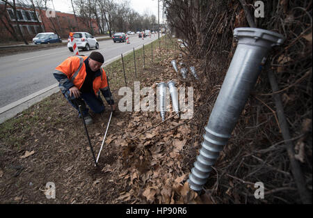 Stuttgart, Allemagne. Feb 20, 2017. Les travailleurs sont le montage d'un mur de près de moss une rue animée de Stuttgart, Allemagne, 20 février 2017. Après avoir testé la mousse murs la ville de Stuttgart est maintenant l'érection de grands avions contre la poussière. Photo : Marijan Murat/dpa/Alamy Live News Banque D'Images