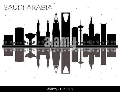 L'Arabie saoudite skyline silhouette noir et blanc avec reflets. vector illustration. simple télévision concept pour tourisme présentation, bannière, un placard o Illustration de Vecteur