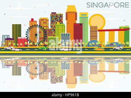 Singapour avec des bâtiments de couleur, ciel bleu et réflexions. vector illustration. Les voyages d'affaires et tourisme concept. Illustration de Vecteur