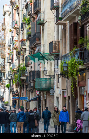 Des rues étroites avec des appartements au-dessus de la vieille ville (quartier Latin) de Barcelone, Catalogne, Espagne. Banque D'Images