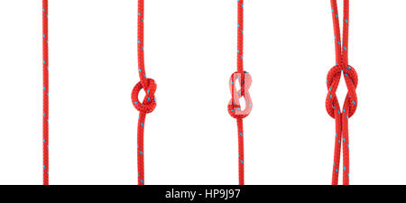 Ensemble de noeuds, lancer par Nœud, une figure de huit noeuds et Reef Nœud dans la corde rouge isolé sur fond blanc Banque D'Images