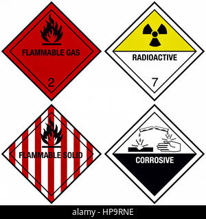 Gefahrenschilder hochentzuendliche, gase/rradioaktiv aetzend stoffe,, Banque D'Images