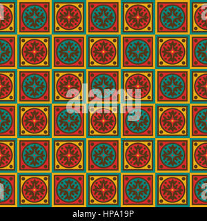 Motif tapisserie colorée avec motif géométrique, surtout en jaune et rouge. Banque D'Images