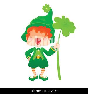 Vector Illustration de Saint Patrick's Day Happy Leprechaun avec quatre feuilles, trèfle. Lucky Clover. pour carte de Vœux. Illustration de Vecteur