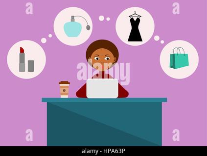 Pretty African American Woman assis au bureau avec l'ordinateur portable, à regarder les choses à acheter en ligne avec articles de mode dans les bulles. Magasinage en ligne Illustration de Vecteur