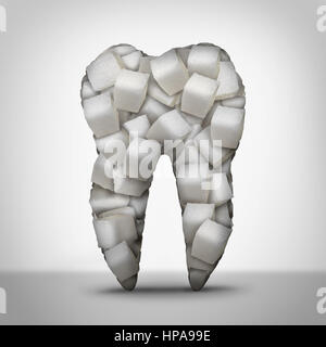 Sucre dents dentisterie dentiste symbole et concept comme une molaire fait de cubes de sucre candy blanc raffiné comme un oral care. Banque D'Images