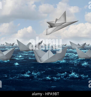 Des solutions innovantes et l'innovation créative concept comme un bateau de papier d'être soulevé et emporté avec un avion. Banque D'Images