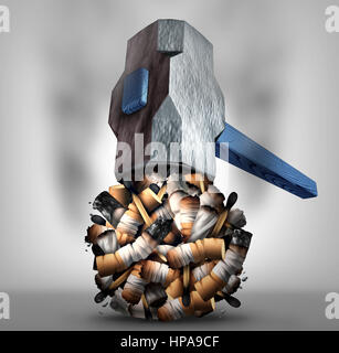 La cigarette et l'abandon du concept d'écrasement ou d'arrêter de fumer fumer symbole comme un marteau détruisant la dépendance à la nicotine en tant que produits 3D illustration. Banque D'Images