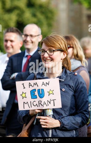 Les manifestants qui veulent l'UE Pro UK à rester en Europe sont illustrés à l'écoute de discours lors d'une démonstration de l'Union européenne pro sur College Green Banque D'Images