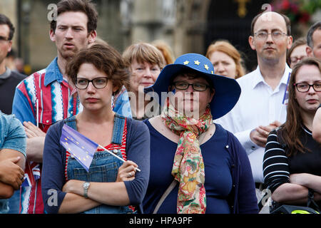 Les manifestants qui veulent l'UE Pro UK à rester en Europe sont illustrés à l'écoute de discours lors d'une démonstration de l'Union européenne pro sur College Green Banque D'Images