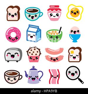 Aliments et Boissons Petit-déjeuner kawaii, cute vector icons set - toasts, œufs, bacon, café Illustration de Vecteur