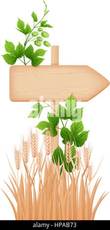 Flèche en bois panneau à noeuds et fissures sur un poteau, hop direction générale et de l'orge oreilles vector illustration Illustration de Vecteur