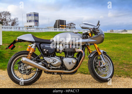 Moto Triumph Thruxton parqué sur le circuit de Goodwood, Sussex, England UK Banque D'Images