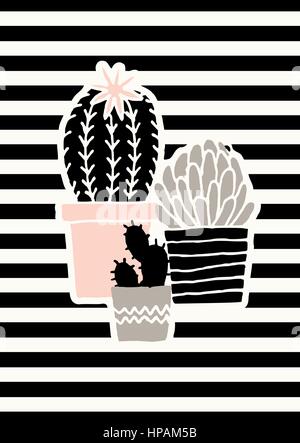 Faites à la main les plantes succulentes en noir, gris et rose pastel sur fond rayé. Illustration de Vecteur