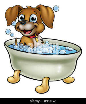 Un chien de dessin animé ayant une baignoire avec beaucoup de bulles Banque D'Images