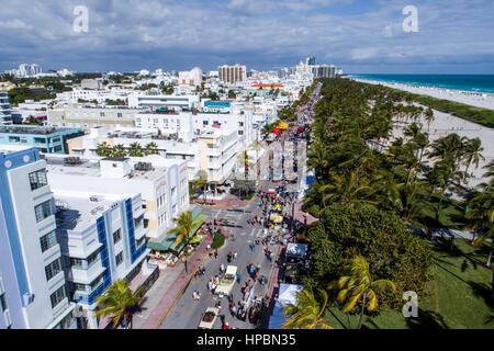 Miami Beach Florida,Ocean Drive,week-end art déco,festival,Lummus Park,Océan Atlantique,hôtels,aérien depuis la vue ci-dessus,eau,FL170115002 Banque D'Images