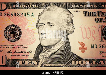 Alexander Hamilton Gros plan sur le visage de 10 $US dollar bill. Banque D'Images