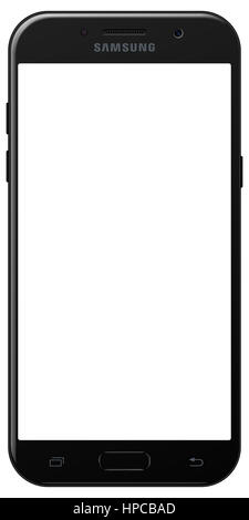 Varsovie, Pologne - 20 février, 2017 Marque : nouveau smartphone Samsung Galaxy A5 couleur noir avec écran blanc isolé sur fond blanc immersive. Banque D'Images