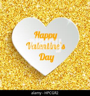Happy Valentines Day Greeting Card with 3D White collant papier en forme de coeur sur Gold Glitter Background Sparkle Poussière Illustration de Vecteur