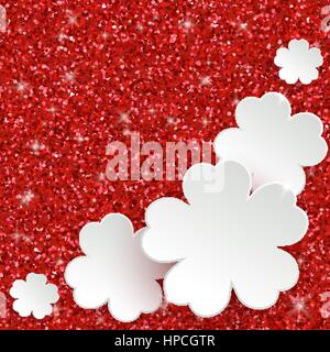 Happy Mothers Day ou la Journée internationale des femmes carte de vœux, maison de vacances la poussière glitter sparkle fond rouge avec des fleurs en papier blanc, vector illustration Illustration de Vecteur