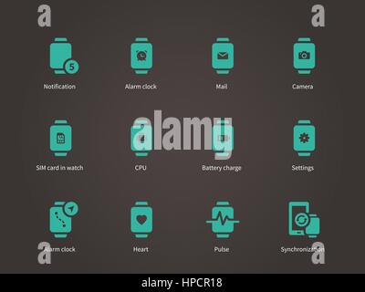 Les paramètres Smart watch, pulse, appareil photo et carte SIM icons set. Illustration de Vecteur
