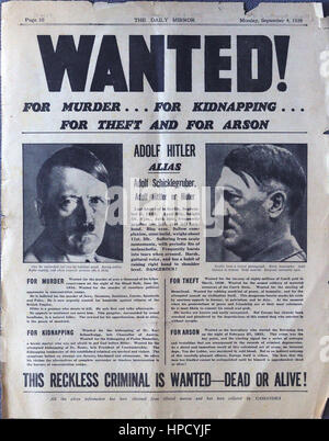Ce "voulu" poster présente Adolf Hitler comme un "criminel ckless ... Hitler voulait- mort ou vivant'.Page de Septembre 4,1939 journal Daily Mirror Banque D'Images