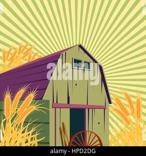 Scène rurale ferme avec granges et champ de blé doré. Concept d'aliments biologiques pour tout modèle. Illustration de Vecteur