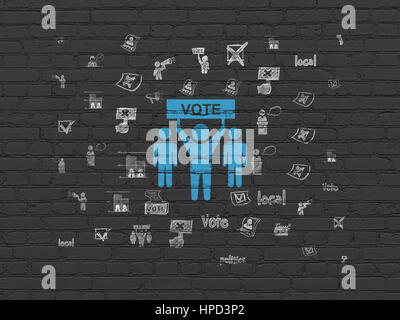Concept politique : peint en bleu sur l'icône de la campagne électorale Black Brick wall background dessiné à la main avec des icônes de la politique Banque D'Images