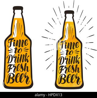 Bouteille de bière, bière blonde. Le temps de boire une bière fraîche, lettrage. Vector illustration Illustration de Vecteur