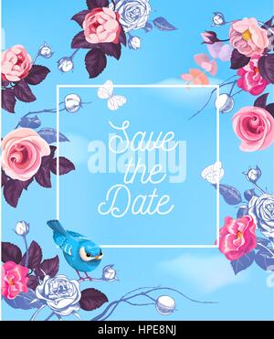 Joli Save The Date template avec semi-roses coloré et petit oiseau contre fond bleu avec des nuages blancs. Vector illustration pour la carte de vœux, carte postale, cortège ou d'invitation de mariage. Illustration de Vecteur