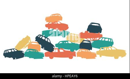 Voiture endommagée pile dans Wrecking Yard colorful vector isolated on white background Illustration de Vecteur