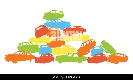 Voiture endommagée pile dans Wrecking Yard colorful vector isolated on white background Illustration de Vecteur