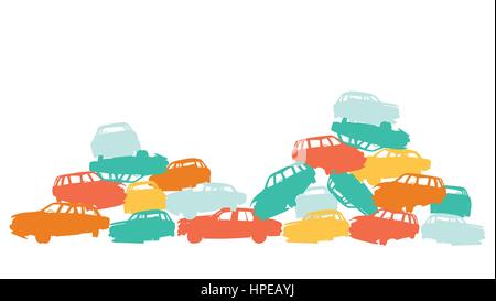 Voiture endommagée pile dans Wrecking Yard colorful vector isolated on white background Illustration de Vecteur