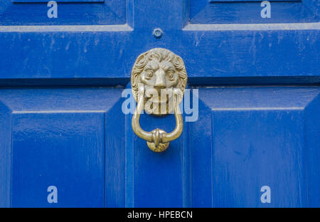 Heurtoir laiton original en forme de tête de lion, placé sous le pare-soleil sur les portes, portes en bois bleu, belle décoration Banque D'Images