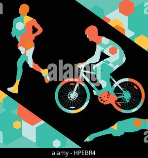 Les jeunes hommes actifs Triathlon marathon natation cyclisme course et silhouettes en sport abstract background vector illustration cellule comb Illustration de Vecteur