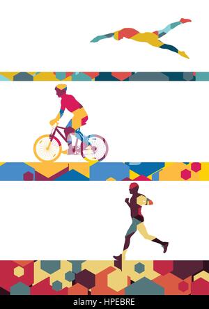 Les jeunes hommes actifs Triathlon marathon natation cyclisme course et silhouettes en sport abstract background vector illustration cellule comb Illustration de Vecteur