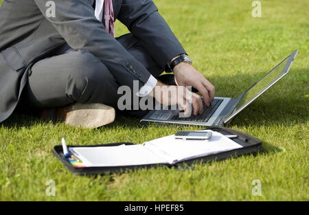 Parution , Geschaeftsmann modèle sitzt mit der Wiese - Ordinateur portable en businessman sitting in meadow and using laptop Banque D'Images