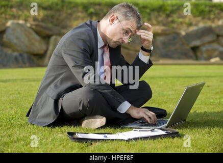 Parution , Geschaeftsmann modèle sitzt mit der Wiese - Ordinateur portable en businessman sitting in meadow and using laptop Banque D'Images