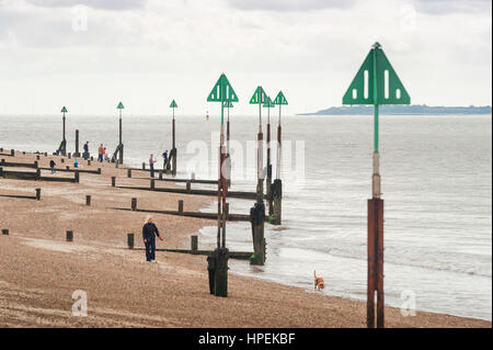 La côte du Suffolk, UK les gens marcher parmi la marée posts sur la plage de galets à Landguard Point près de Felixstowe dans le Suffolk, UK. Banque D'Images