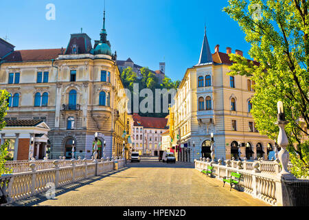 Ville de Ljubljana vue depuis le pont Tromostovje, capitale de la Slovénie Banque D'Images