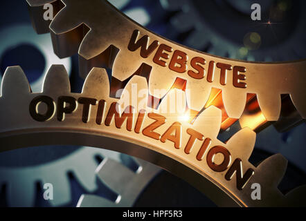 Optimisation de site web. Cog métallique d'Or Optimisation de site Web sur le mécanisme de rouages d'or avec vigueur. Le Rendu 3D. Banque D'Images