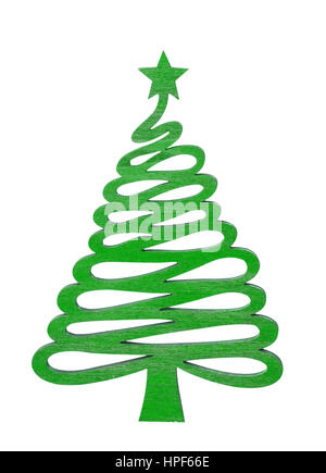 Décoration de Noël en bois vert avec étoile arbre isolé sur blanc avec chemin de détourage. Jouet en bois de Noël. Arbre de Noël en bois Banque D'Images