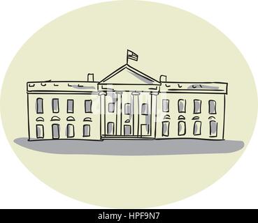 Croquis dessin illustration style de la Maison Blanche, situé à l'intérieur de la forme ovale, vu de l'avant ensemble sur des arrière-plan. Illustration de Vecteur