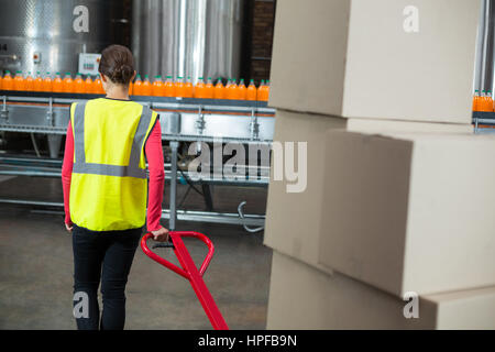 Vue arrière du travailleur d'usine femelle chariot tirant de boîtes de carton à l'usine de production de boissons Banque D'Images
