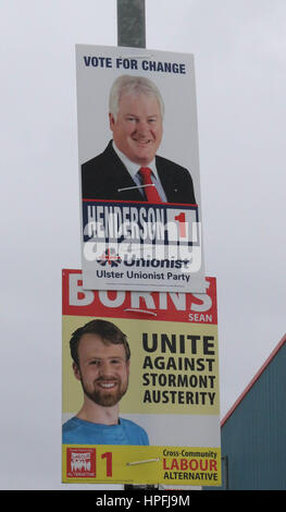 Belfast, Irlande du Nord. Feb 21, 2017. Une journée grise dans le sud de Belfast avec des affiches électorales en couleur. Avec seulement neuf jours avant l'Assemblée d'Irlande du Nord elections 2017 Les affiches sont en place. Crédit : David Hunter/Alamy Live News Banque D'Images